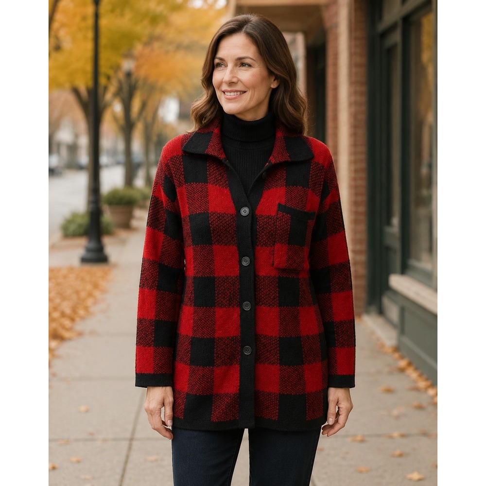 Chiaramente Italy Wool Buffalo Plaid Sweater Jacket Red Black M